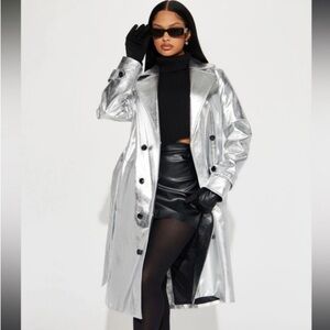 Peach Silver Metallic Belted Trench Double Breasted Coat. Size S